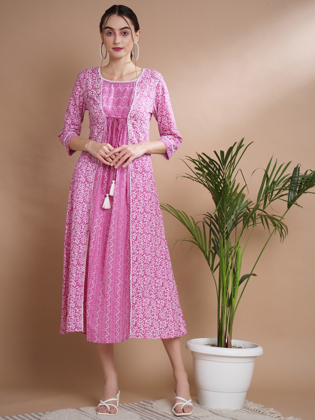 

Myshka Floral Printed Gathered Cotton A-Line Midi Dress, Pink