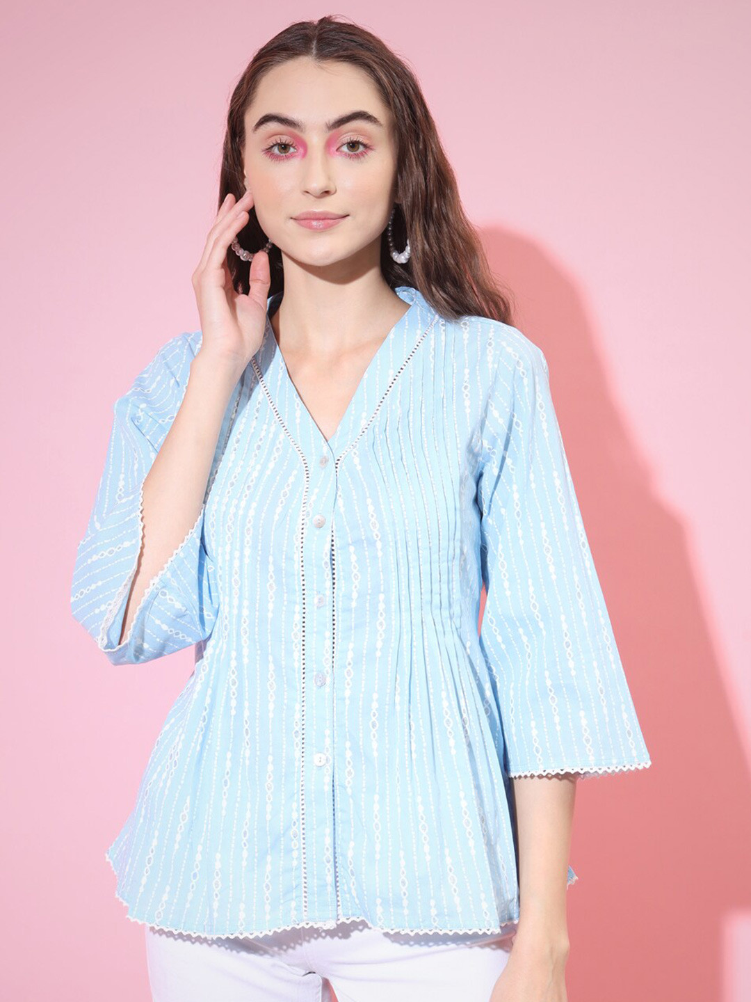 

Myshka Blue & water Ethnic Motifs Printed V-Neck Cotton Shirt Style Top