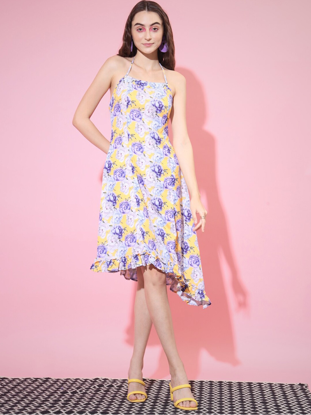

Myshka Floral Printed Halter Neck Asymmetric Hem Ruffled A-Line Dress, Yellow
