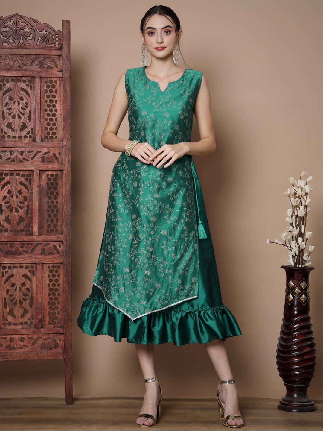 

Myshka Ethnic Motifs Printed Round Neck Layered A-Line Midi Dress, Teal