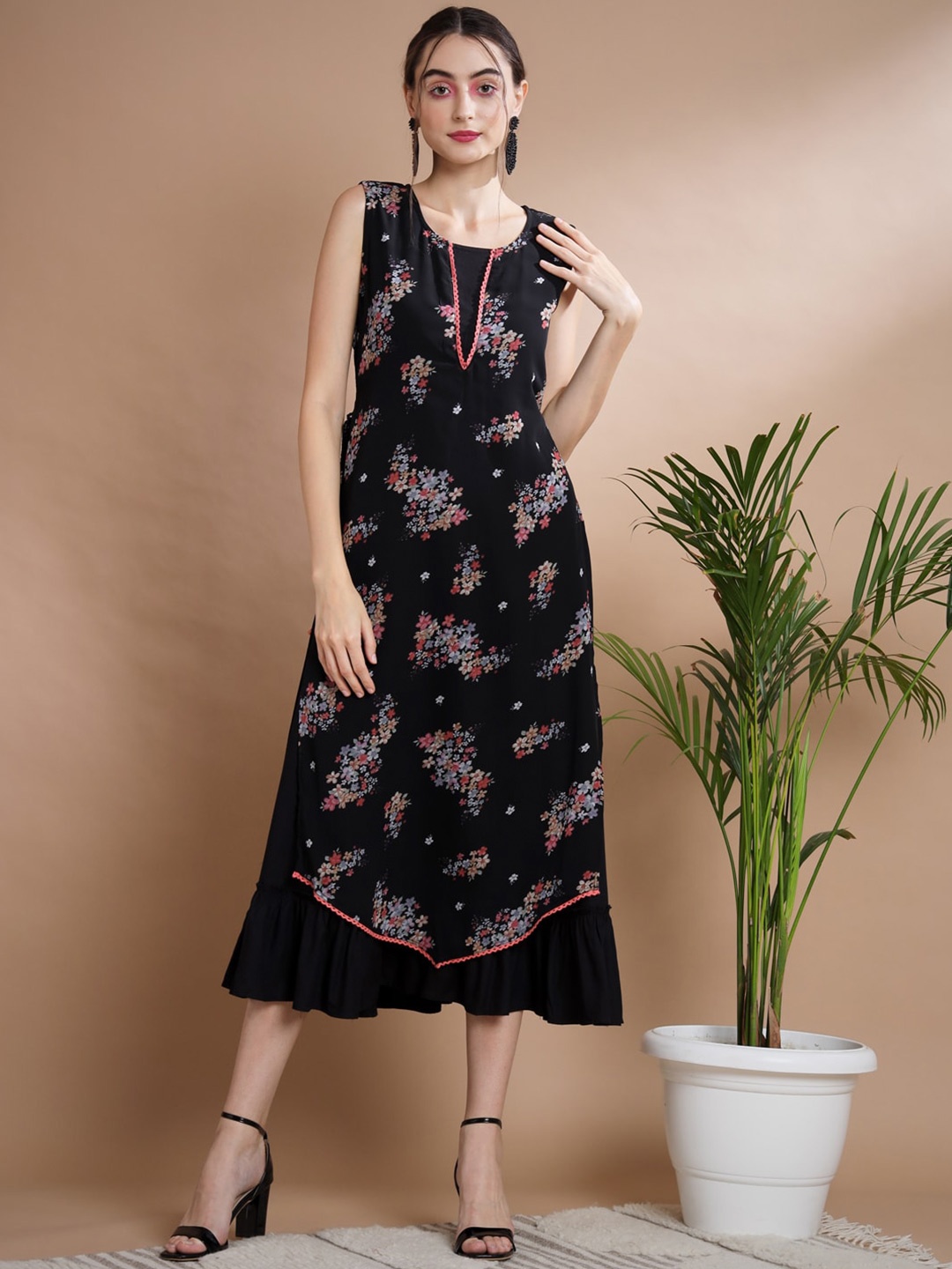 

Myshka Floral Printed Lace Inserts Flounce Hem Georgette A-Line Midi Dress, Black