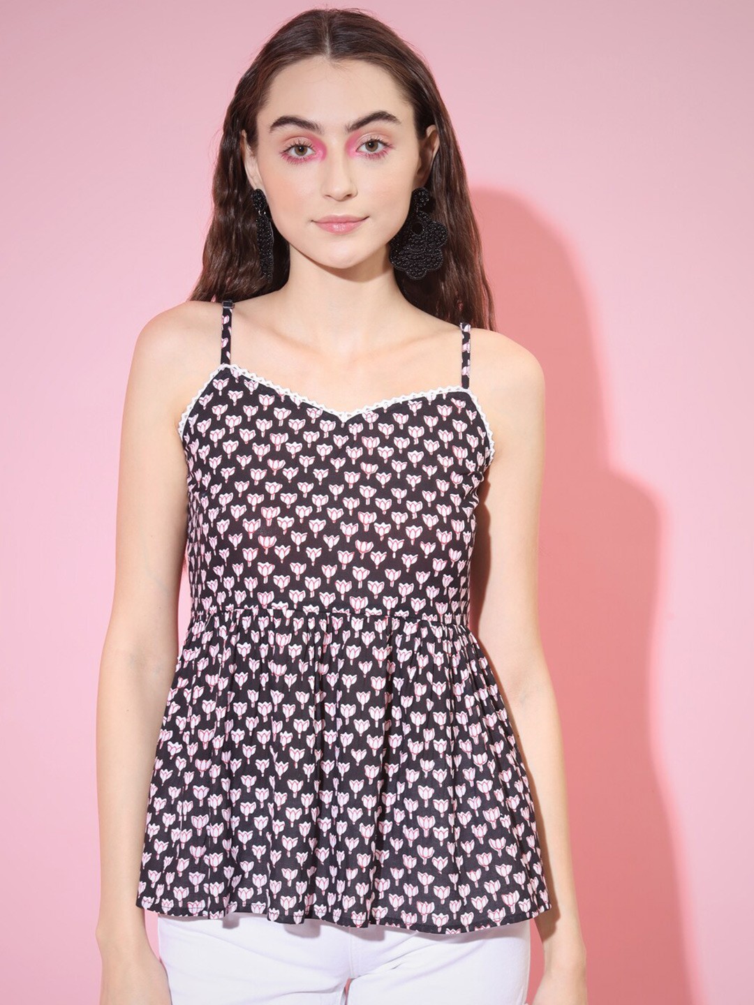 

Myshka Floral Printed Cotton A-line Top, Black