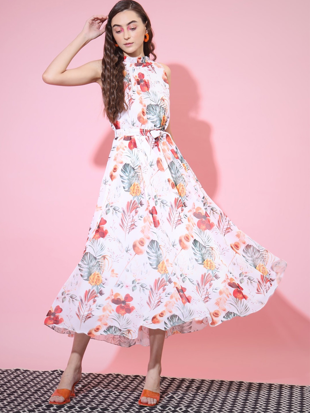 

Myshka Floral Printed Tie-Up A-Line Midi Dress, White