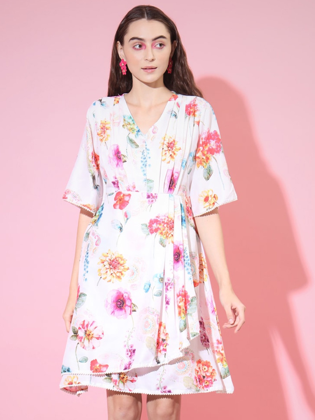 

Myshka Floral Printed V-Neck Flared Sleeves Pleated Fit & Flare Dress, White
