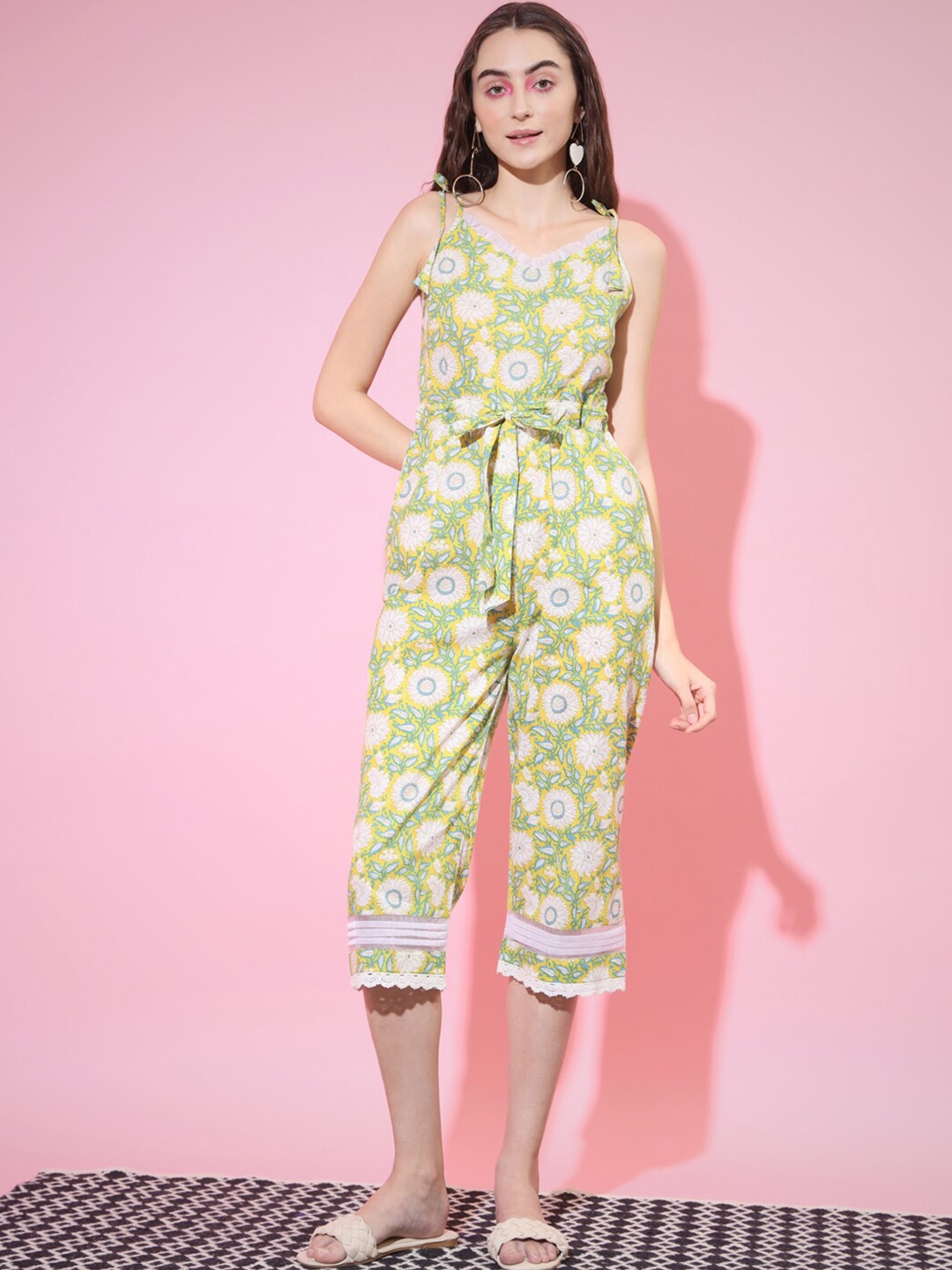 

Myshka Printed Waist Tie-Ups Cotton Capri Jumpsuit, Yellow