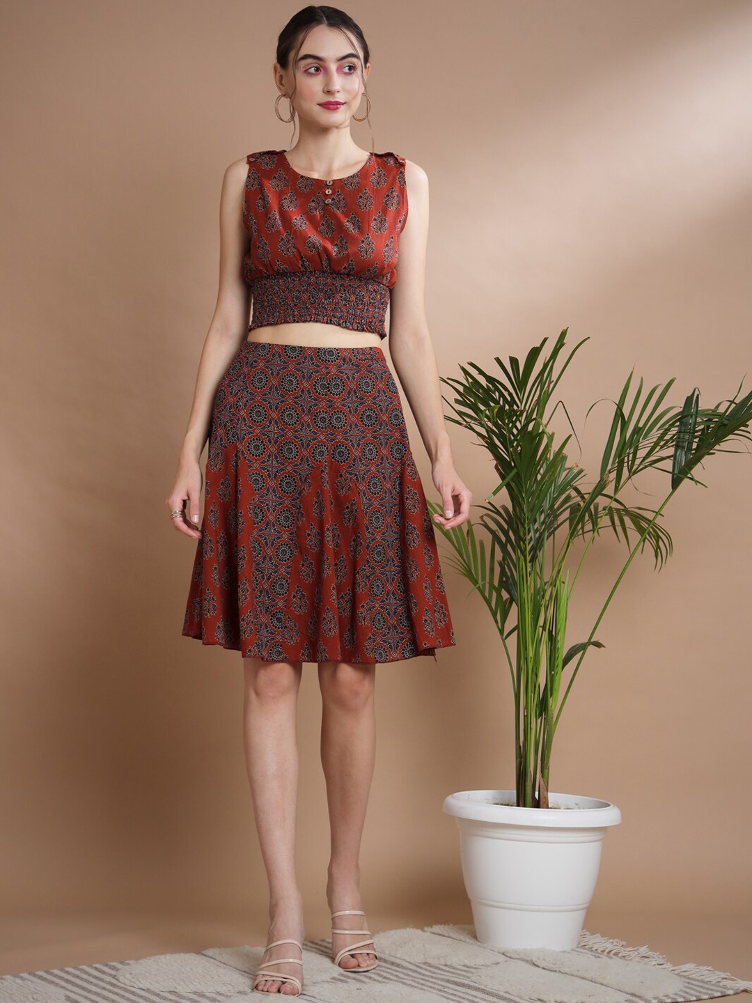 

Myshka Floral Printed Pure Cotton Top With Mid-Length Flared Skirt, Rust
