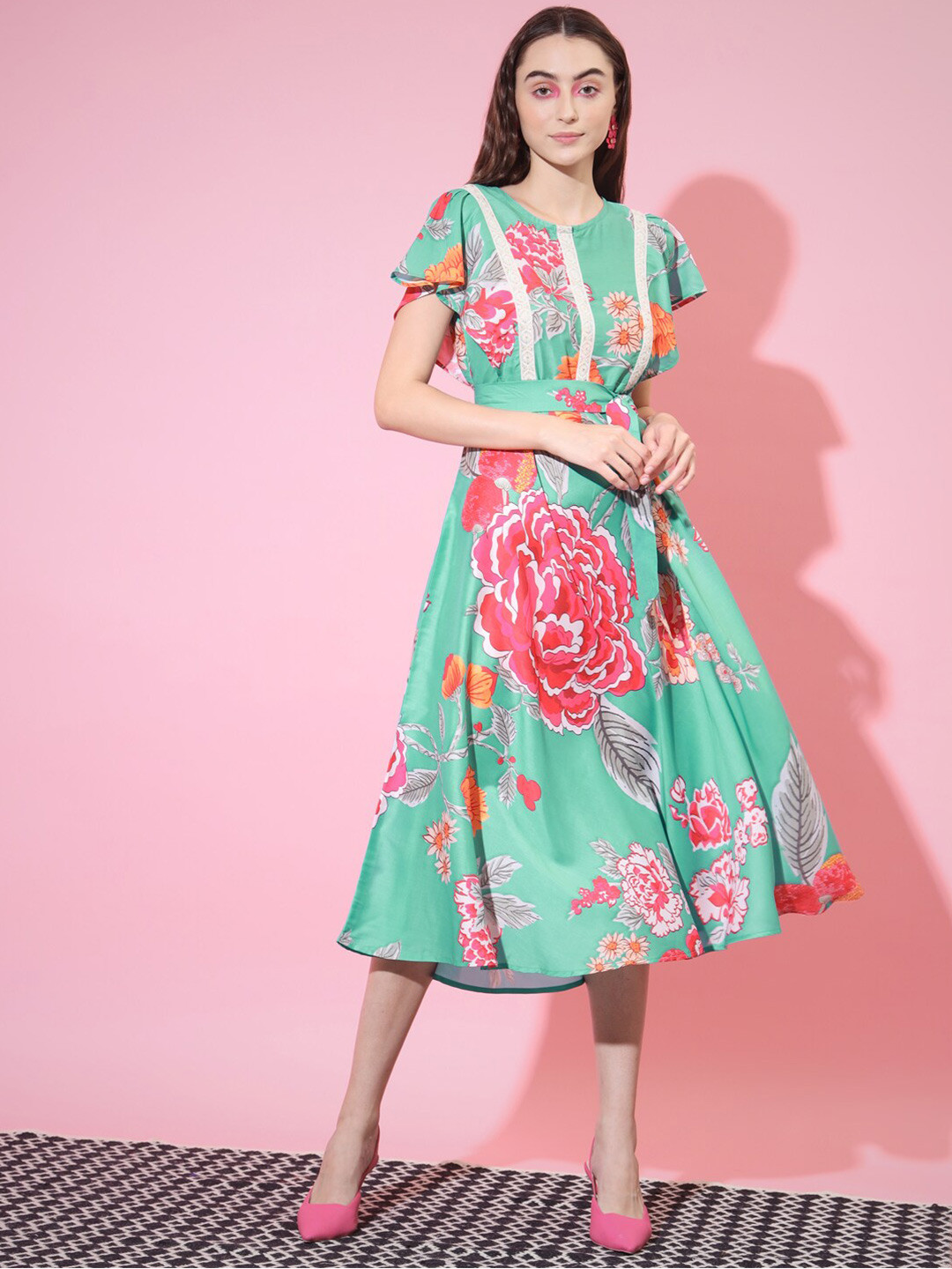 

Myshka Floral Printed Flutter Sleeve Tie-Ups Detail A-Line Midi Dress, Green