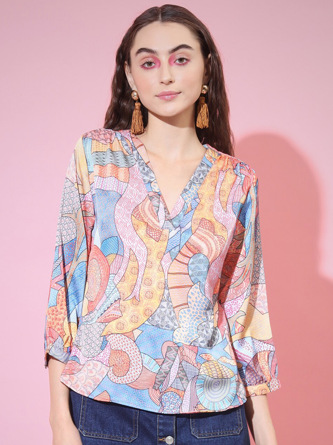 

Myshka Abstract Printed V-Neck Satin Top, Blue