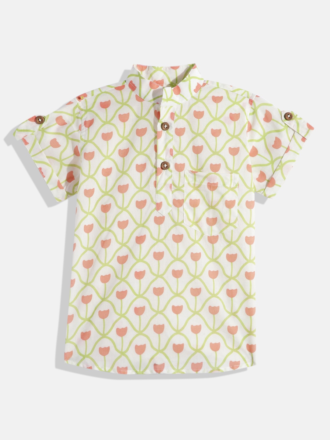 

Vastrarth Boys Smart Slim Fit Floral Printed Mandarin Collar Organic Cotton Casual Shirt, White
