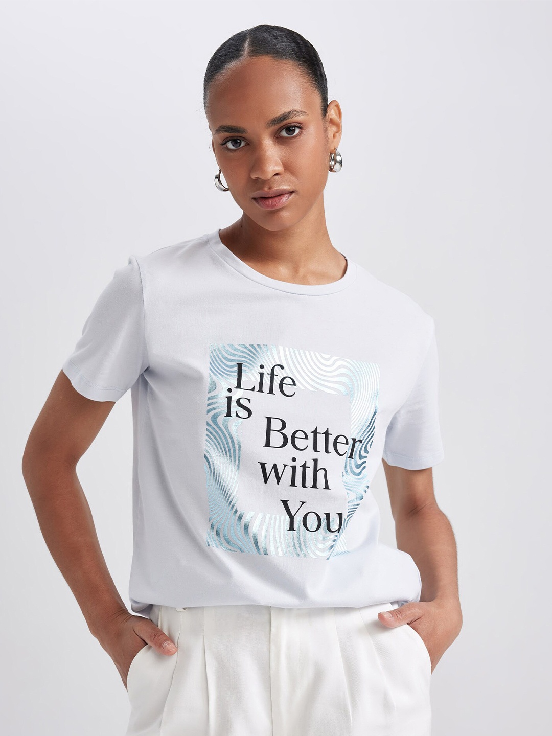 

DeFacto Typography Printed Pure Cotton T-shirt, White