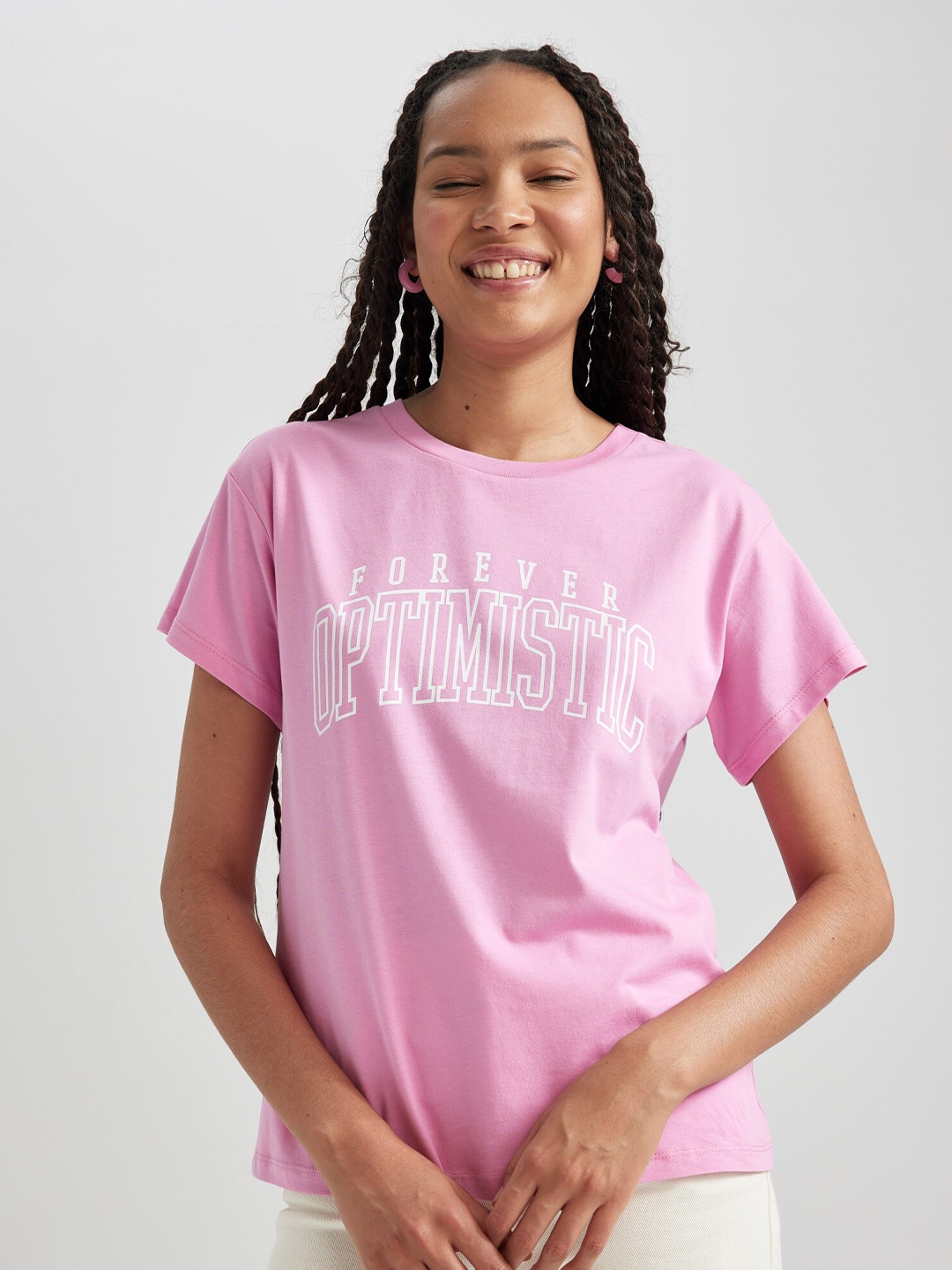 

DeFacto Typography Printed Pure Cotton T-shirt, Pink