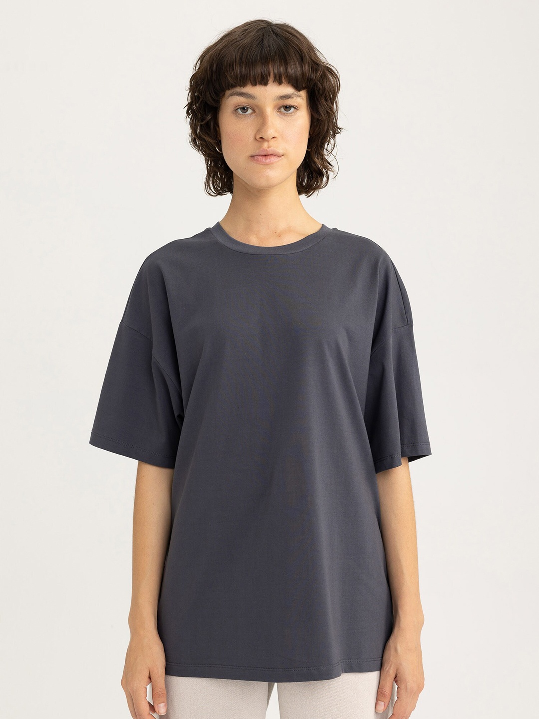 

DeFacto Drop Shoulder Sleeves Pure Cotton Oversized T-shirt, Grey