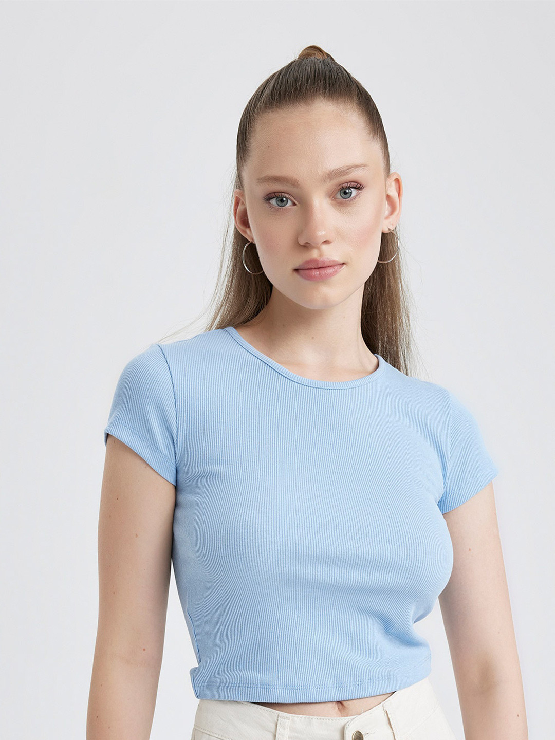 

DeFacto Round Neck Short Sleeves Crop T-shirt, Blue