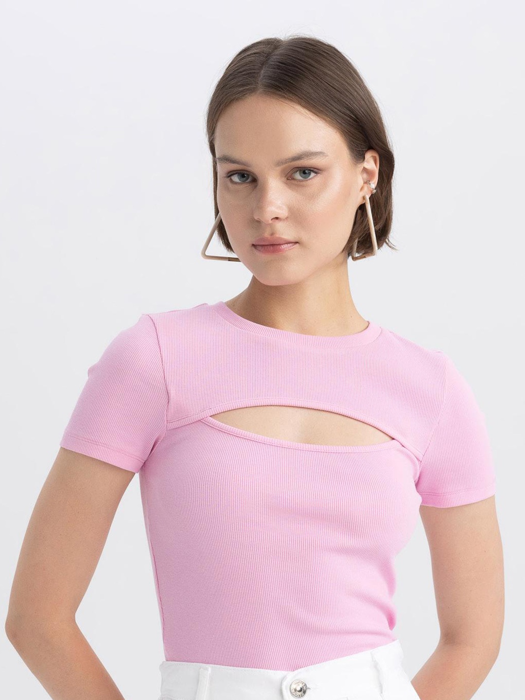 

DeFacto Self Design Round Neck Fitted Top, Pink