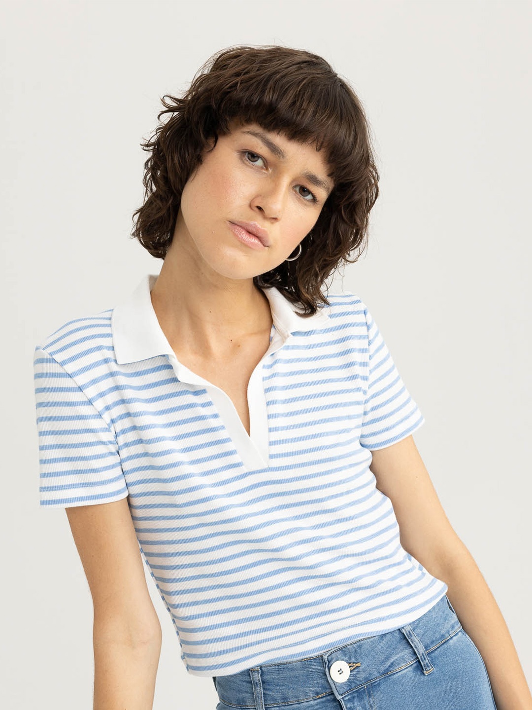 

DeFacto Striped Polo Collar T-shirt, White