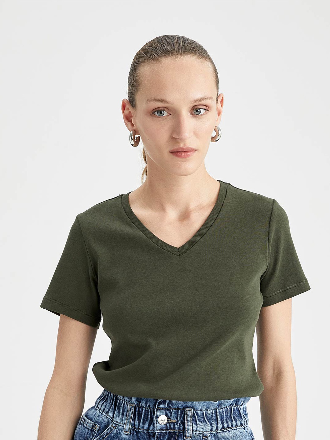 

DeFacto V Neck Cotton T-shirt, Green