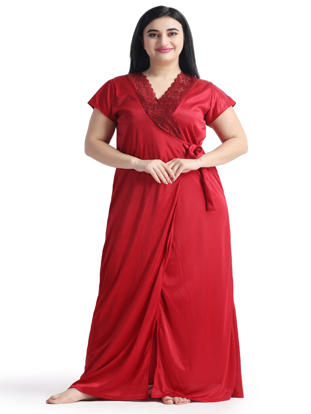 

NIGHT KEYS Satin Maxi Nightdress with Robe, Maroon