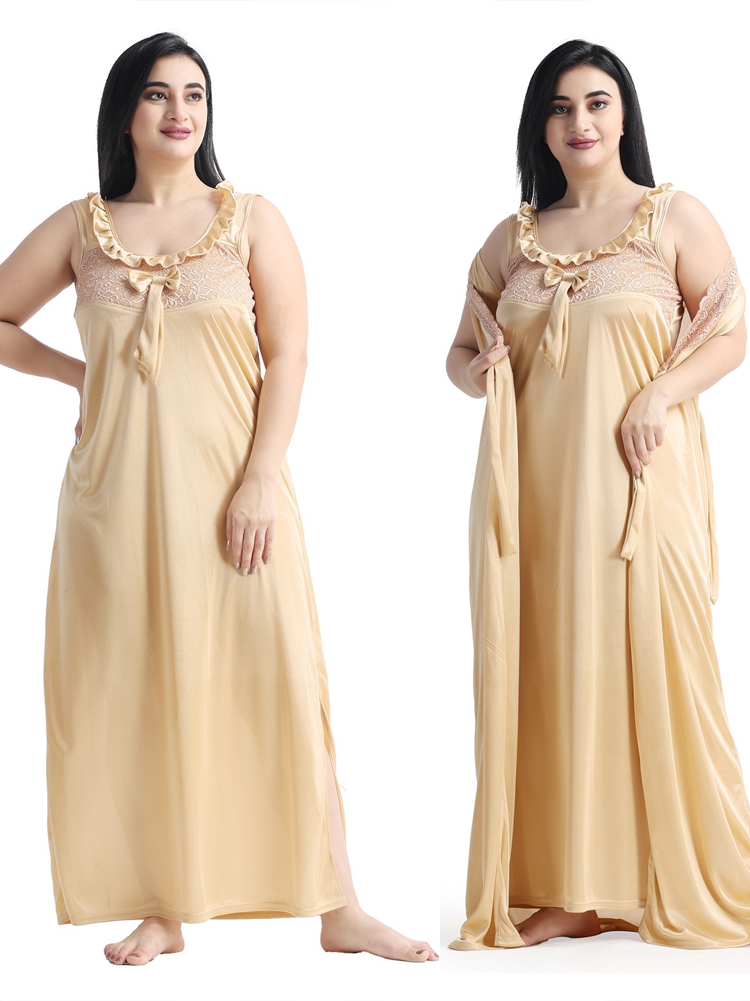 

NIGHT KEYS Ruffles Satin Maxi Nightdress, Gold