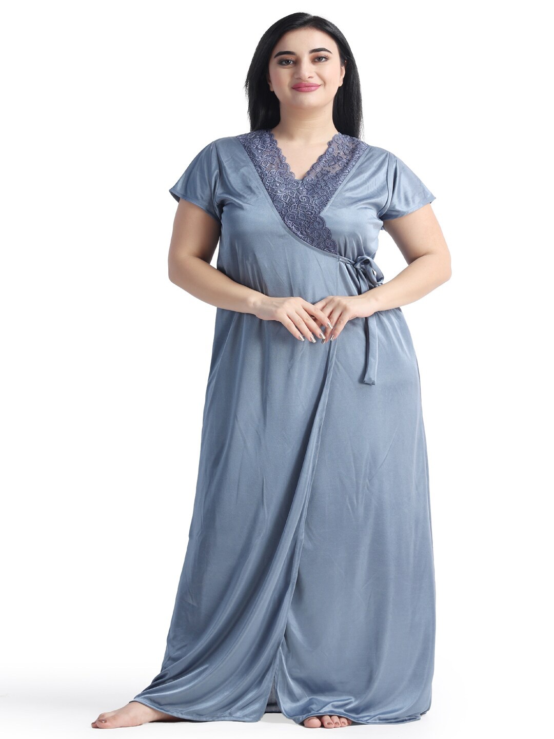 

NIGHT KEYS Lace Detail Ruffled Maxi Satin Wrap Nightdress With Robe, Grey