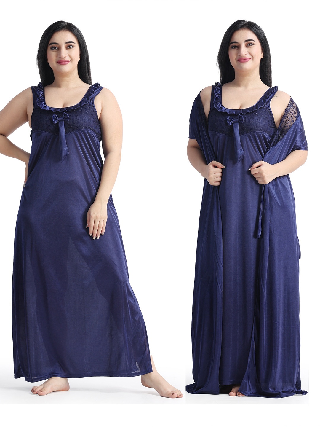 

NIGHT KEYS Lace Detail Ruffled Maxi Satin Wrap Nightdress With Robe, Navy blue