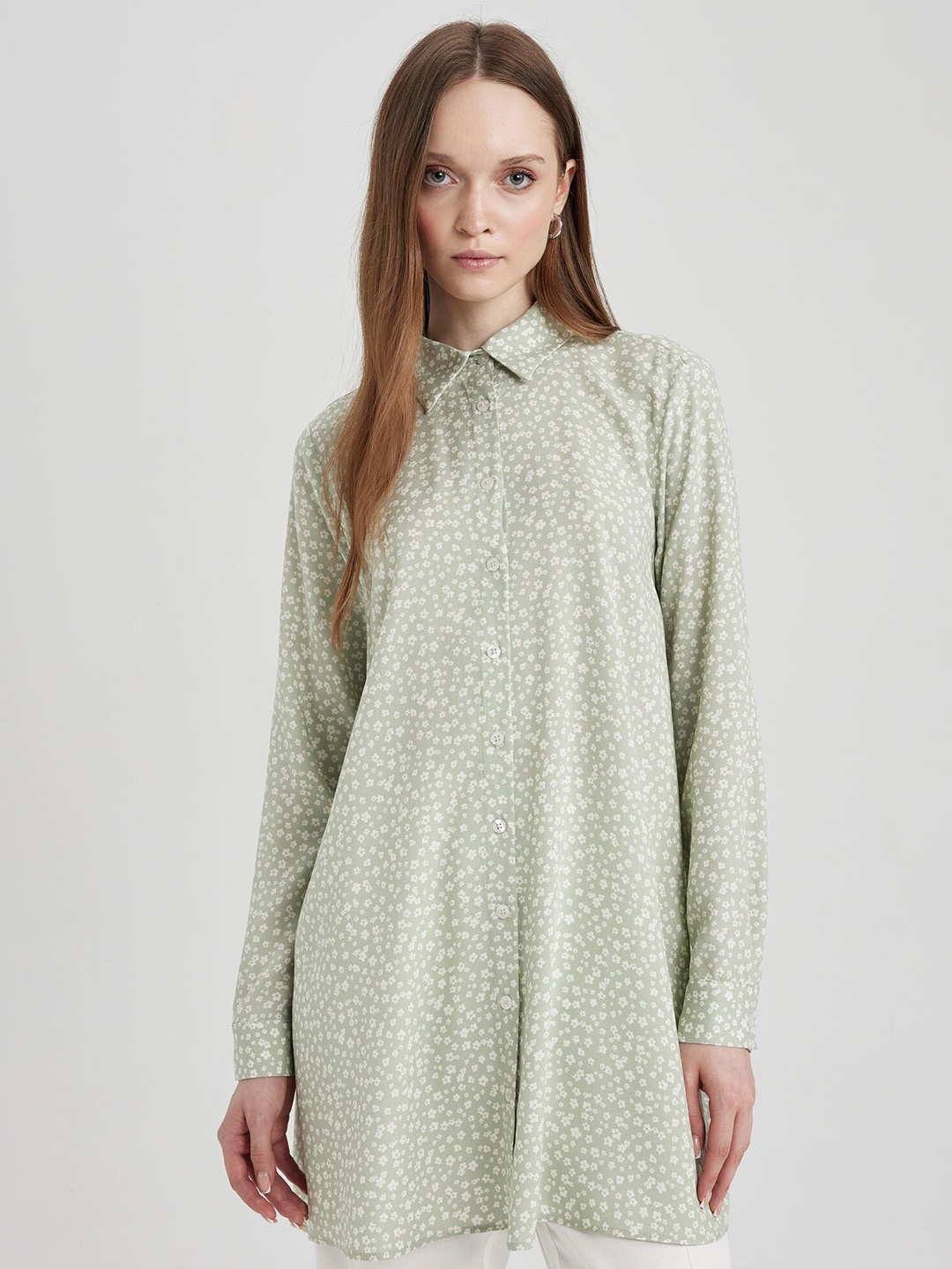 

DeFacto Floral Printed Longline High-Low Casual Shirt, Green