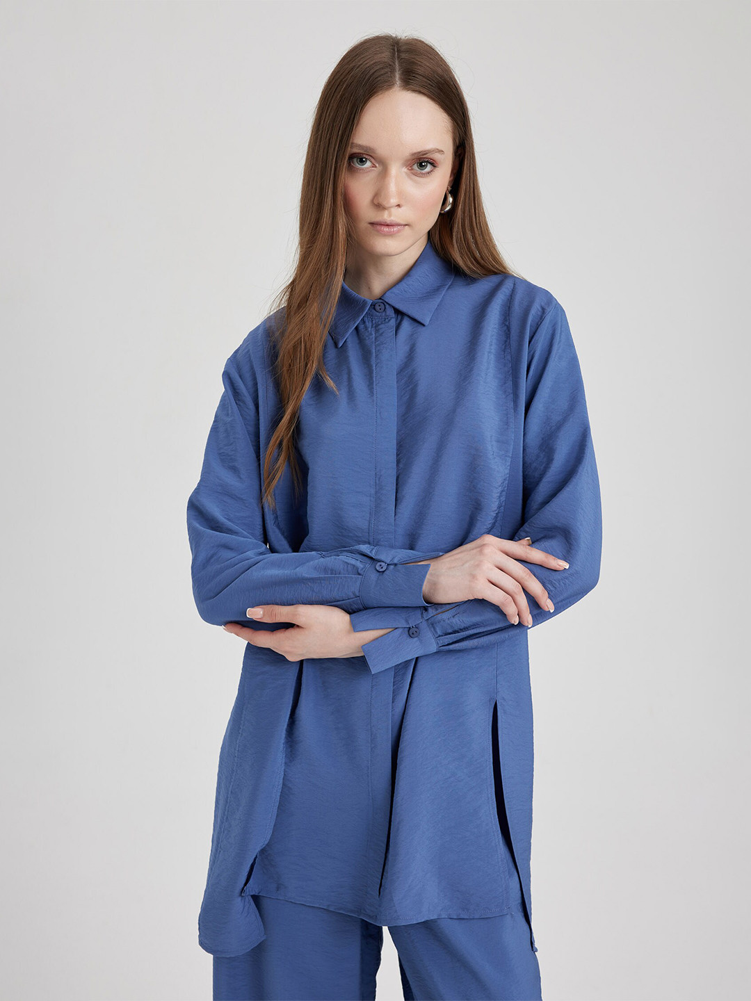

DeFacto Spread Collar Longline High-Low Casual Shirt, Blue