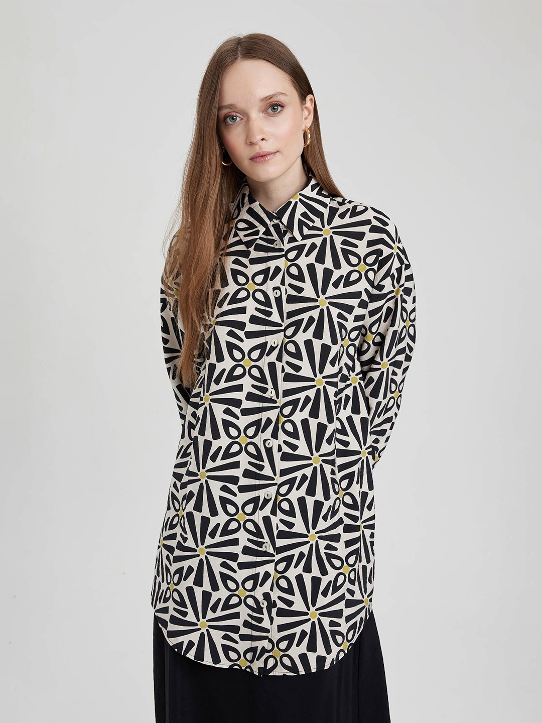 

DeFacto Abstract Printed Longline Casual Shirt, Off white