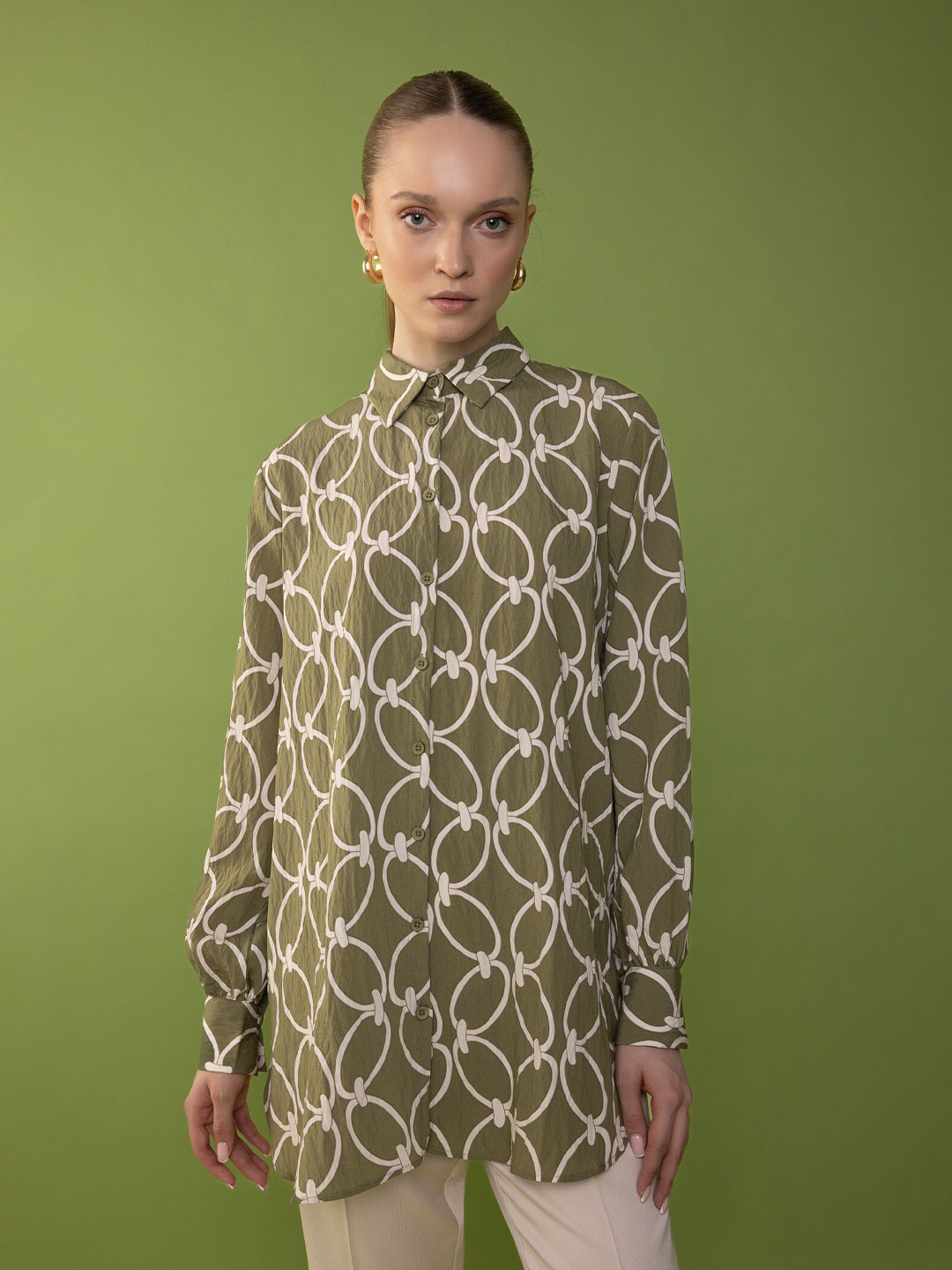 

DeFacto Geometric Printed Spread Collar Casual Longline Shirt, Green