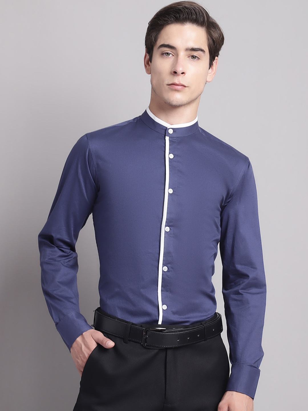 

WESTCLO Classic Band Collar Casual Shirt, Blue