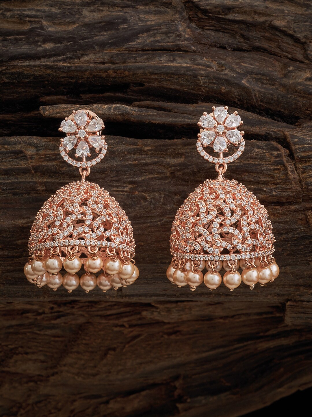 

Kushal's Fashion Jewellery Rose Gold-Plated Stone-Studded Dome Shaped Jhumkas