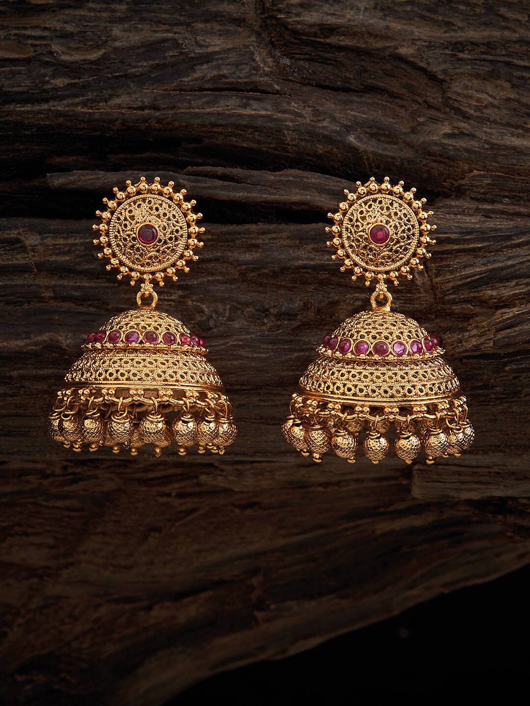 

Kushal's Fashion Jewellery Gold Plated Stone Studded Dome Shaped Jhumkas