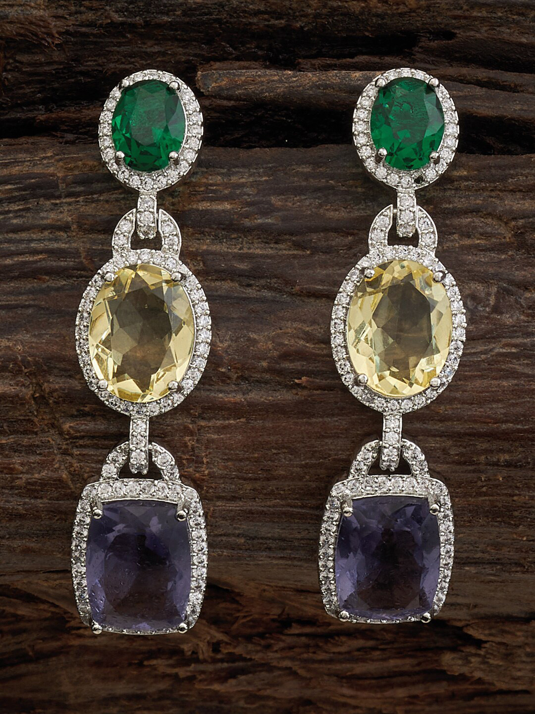 

Kushal's Fashion Jewellery Rhodium Plated CZ Studded Drop Earrings, Silver
