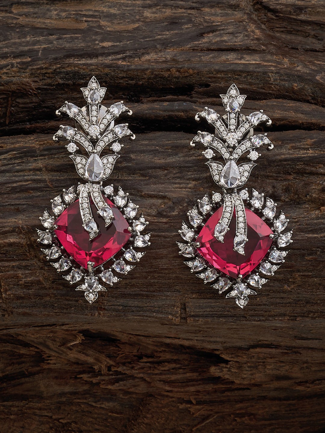 

Kushal's Fashion Jewellery Rhodium Plated CZ Studded Leaf Shaped Drop Earrings, Silver