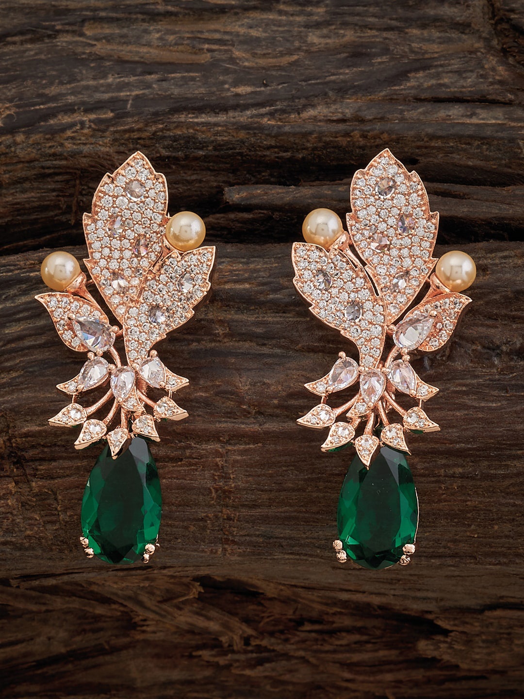 

Kushal's Fashion Jewellery Rose Gold Plated CZ Studded Leaf Shaped Drop Earrings