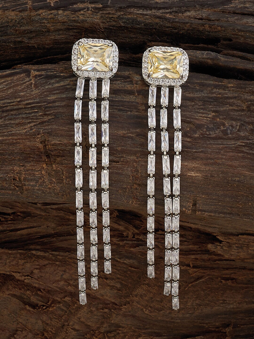 

Kushal's Fashion Jewellery Rhodium-Plated Zircon-Studded Square Drop Earrings, Silver