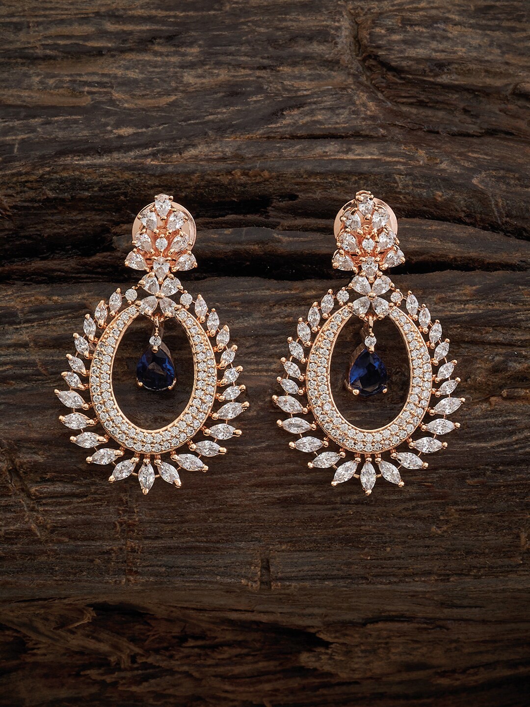 

Kushal's Fashion Jewellery Rose Gold-Plated Zircon-Studded Oval Drop Earrings