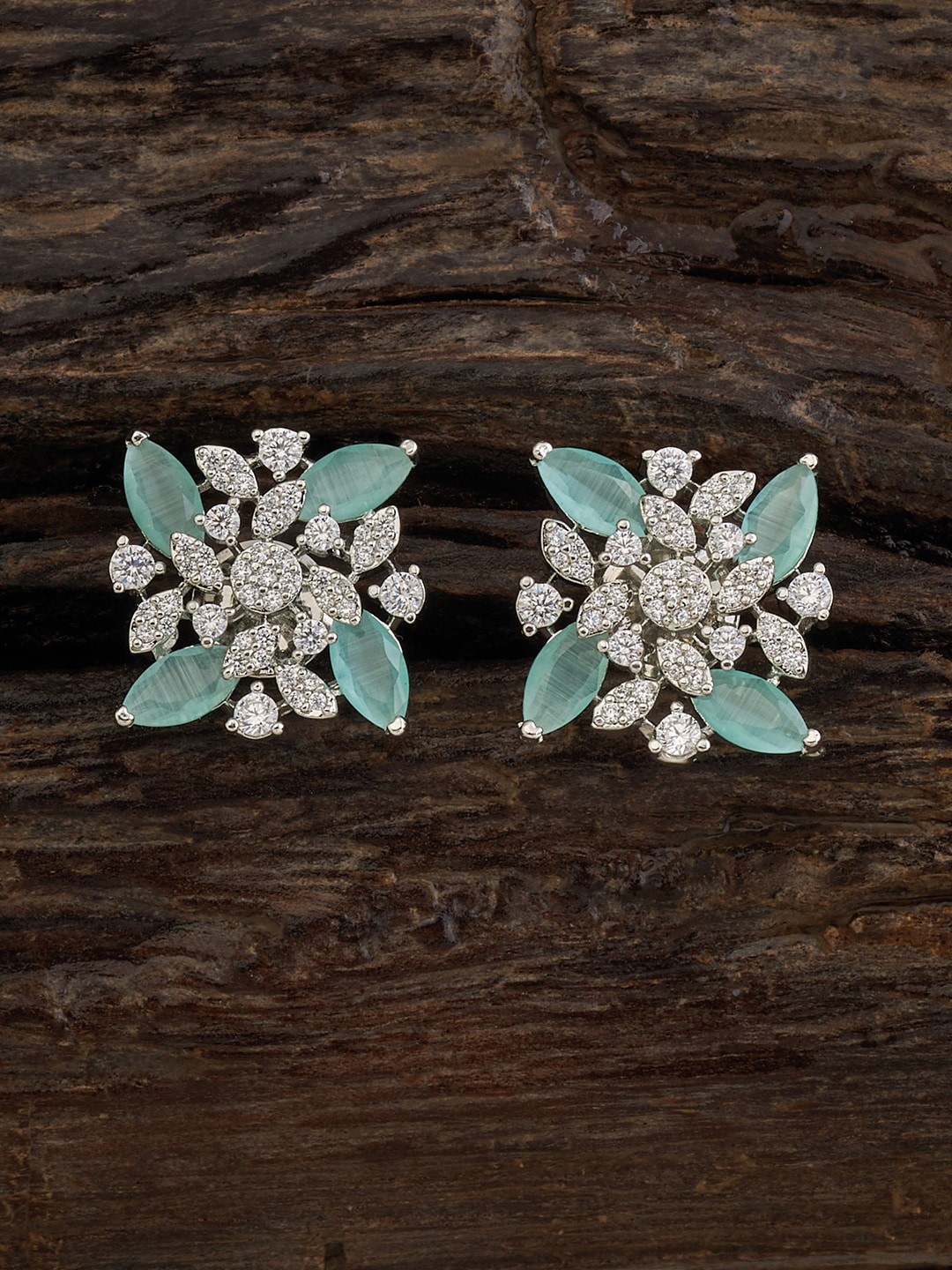 

Kushal's Fashion Jewellery Rhodium-Plated Zircon-Studded Floral Stud Earrings, Silver