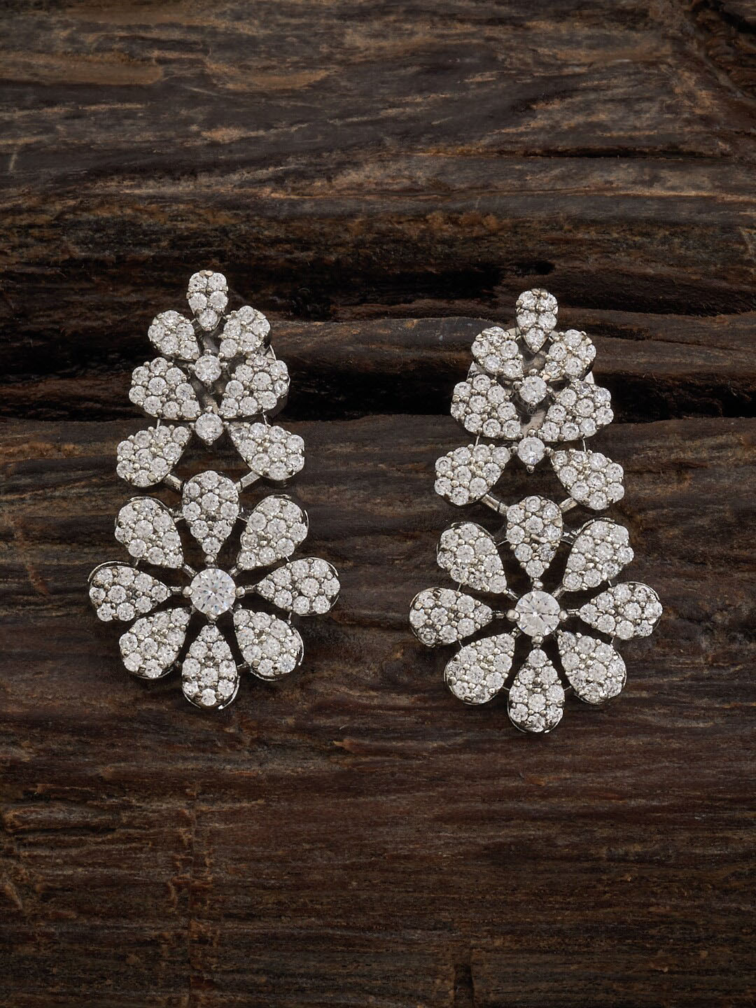 

Kushal's Fashion Jewellery Rhodium-Plated Cubic Zirconia Floral Drop Earrings, Silver