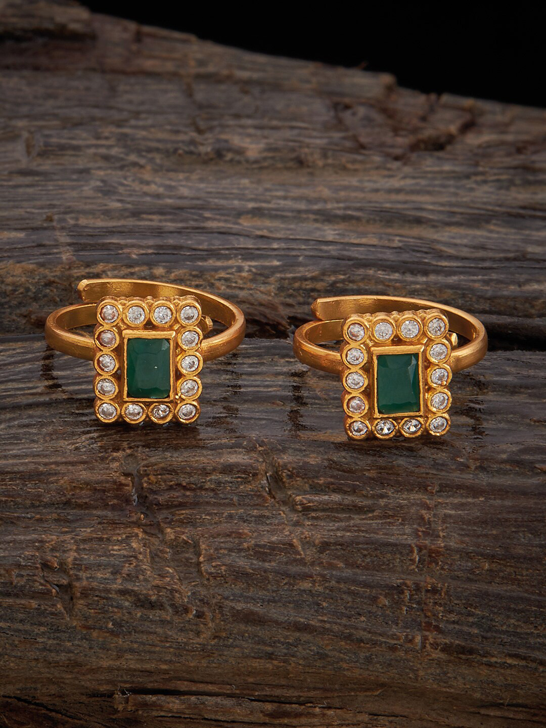 

Kushal's Fashion Jewellery Set Of 2 Gold-Plated 92.5 Pure Silver Stone-Studded Toe Rings, Green