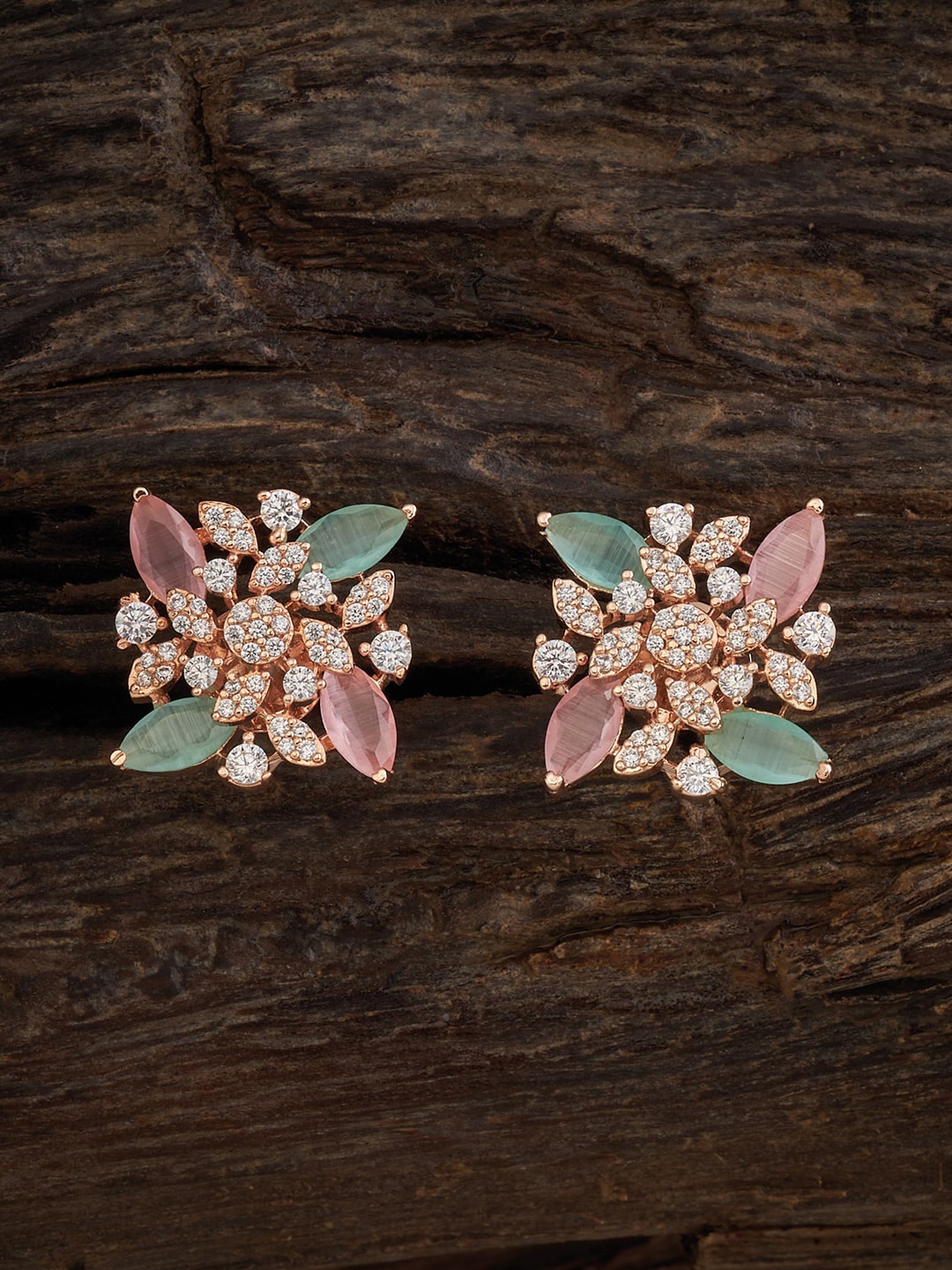 

Kushal's Fashion Jewellery Rose Gold-Plated Zircon-Studded Floral Stud Earrings