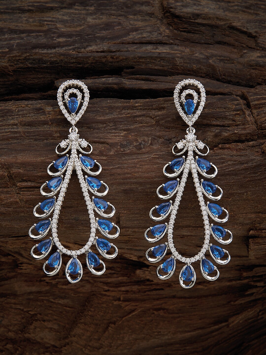 

Kushal's Fashion Jewellery Rhodium-Plated Zircon-Studded Teardrop Shaped Drop Earrings, Silver