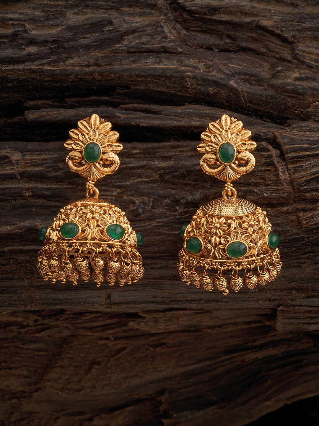 

Kushal's Fashion Jewellery Gold-Plated Stone-Studded Dome Shaped Antique Jhumkas