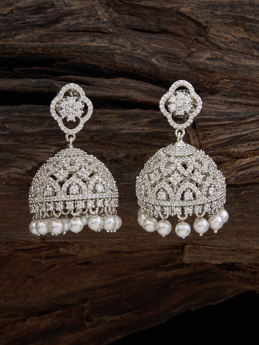 

Kushal's Fashion Jewellery Rhodium-Plated Zircon-Studded Dome Shaped Jhumkas Earrings, Silver