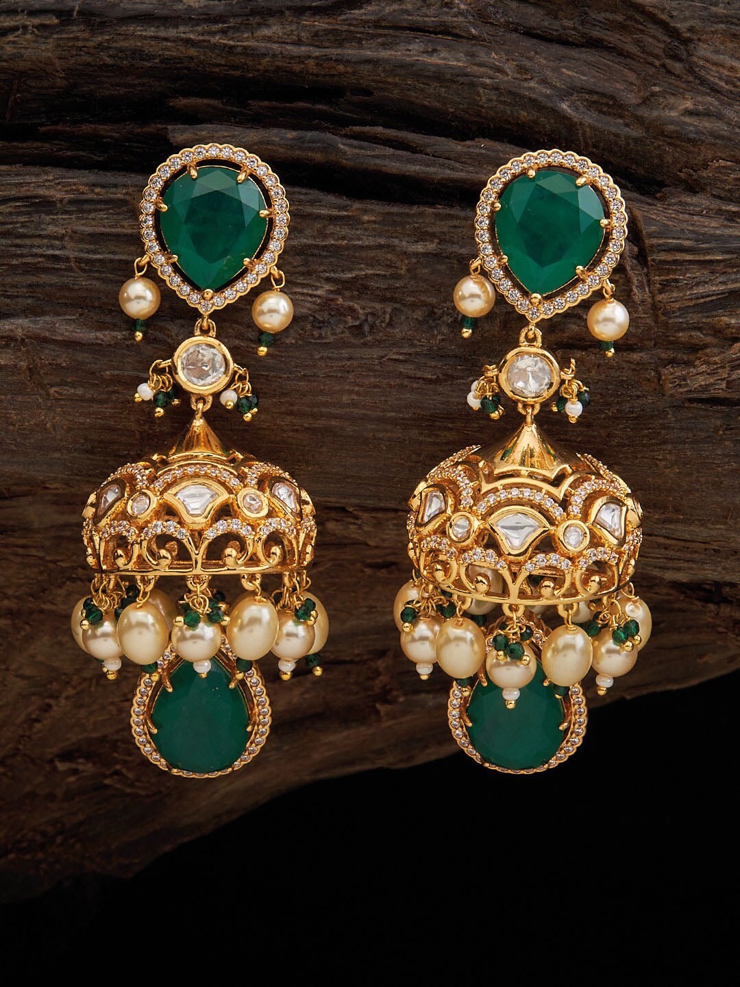 

Kushal's Fashion Jewellery Gold-Plated Stone-Studded Dome Shaped Jhumkas