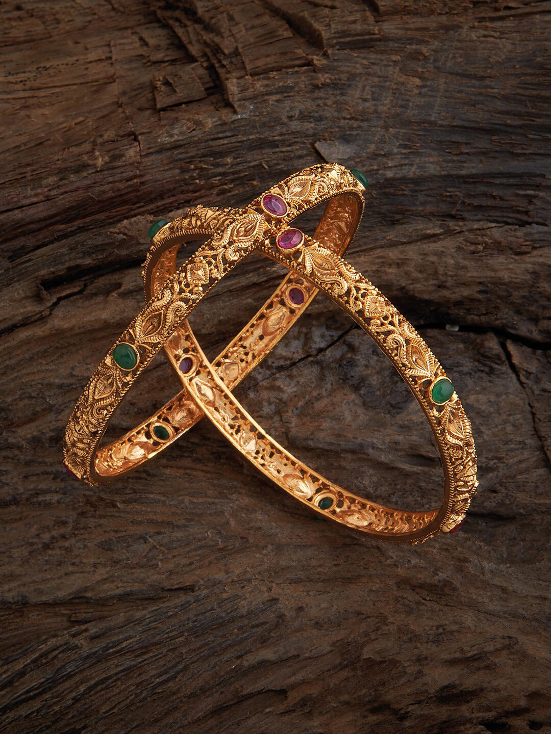 

Kushal's Fashion Jewellery Set Of 2 Stone-Studded Bangles, Gold