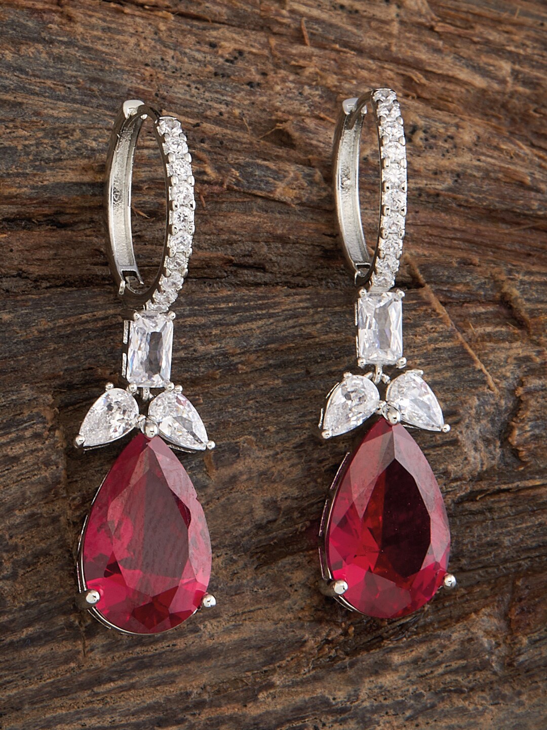 

Kushal's Fashion Jewellery Rhodium-Plated Cubic Zirconia Teardrop Shaped Drop Earrings, Silver