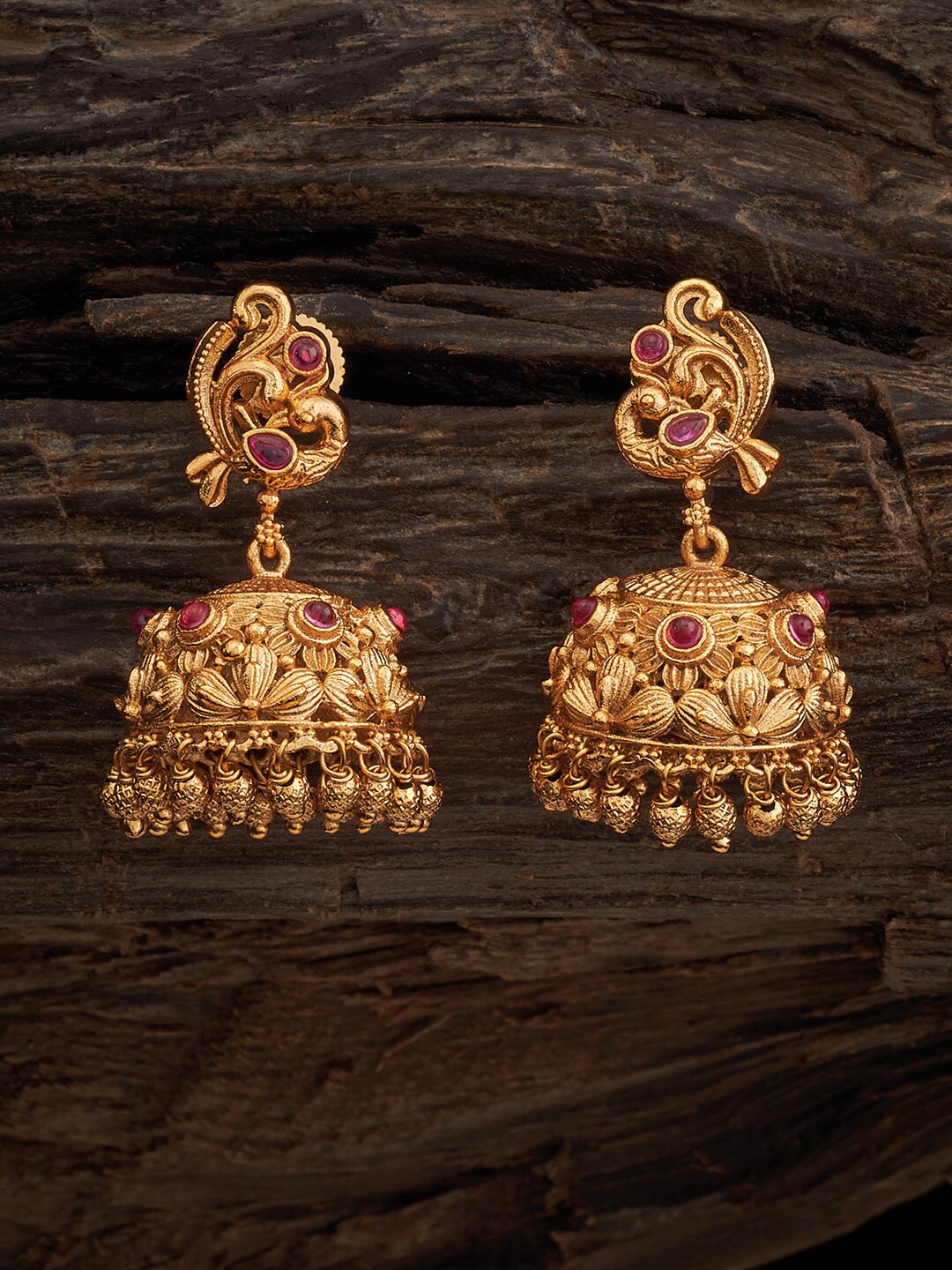 

Kushal's Fashion Jewellery Gold-Plated Stone-Studded Dome Shaped Jhumkas