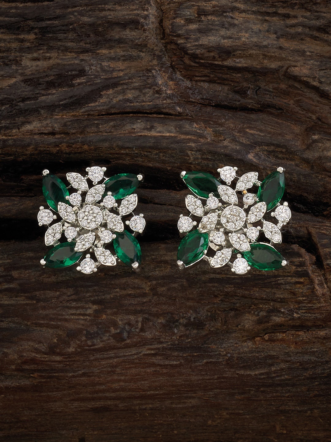 

Kushal's Fashion Jewellery Rhodium-Plated Cubic Zirconia Floral Studs Earrings, Silver