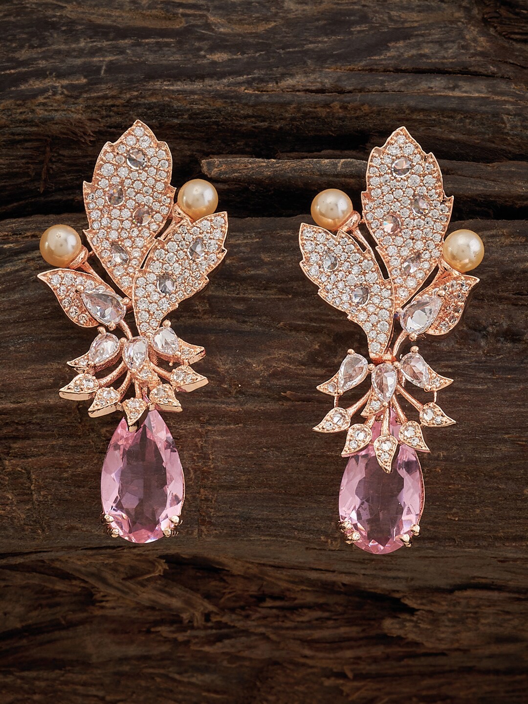 

Kushal's Fashion Jewellery Rose Gold-Plated Zircon-Studded Leaf Shaped Drop