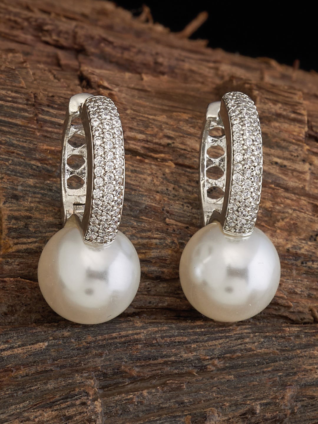 

Kushal's Fashion Jewellery Rhodium Plated CZ Studded Circular Hoop Earrings, Silver